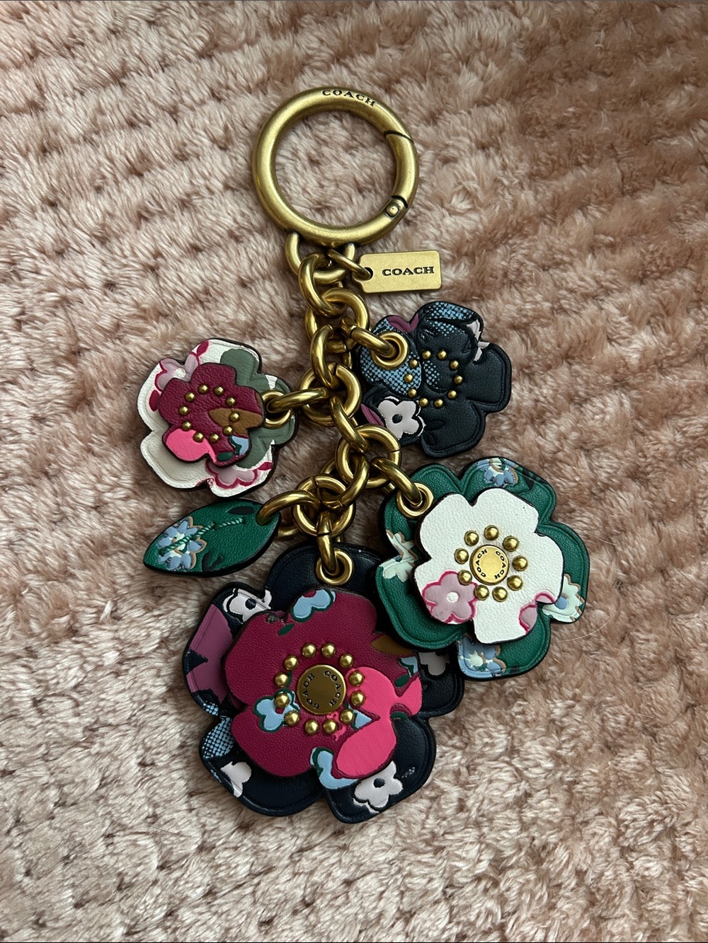 COACH Multi-Color Tea Rose bag charm with Gold Hardware